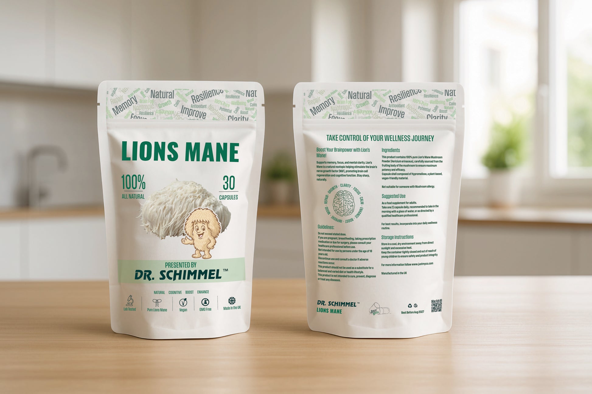 Two stand-up pouches of Dr. Schimmel Lions Mane supplement displayed on a wooden countertop with a blurred kitchen background.