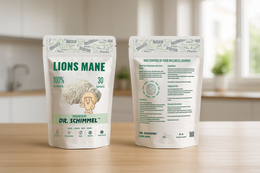 Two stand-up pouches of Dr. Schimmel Lions Mane supplement displayed on a wooden countertop with a blurred kitchen background.