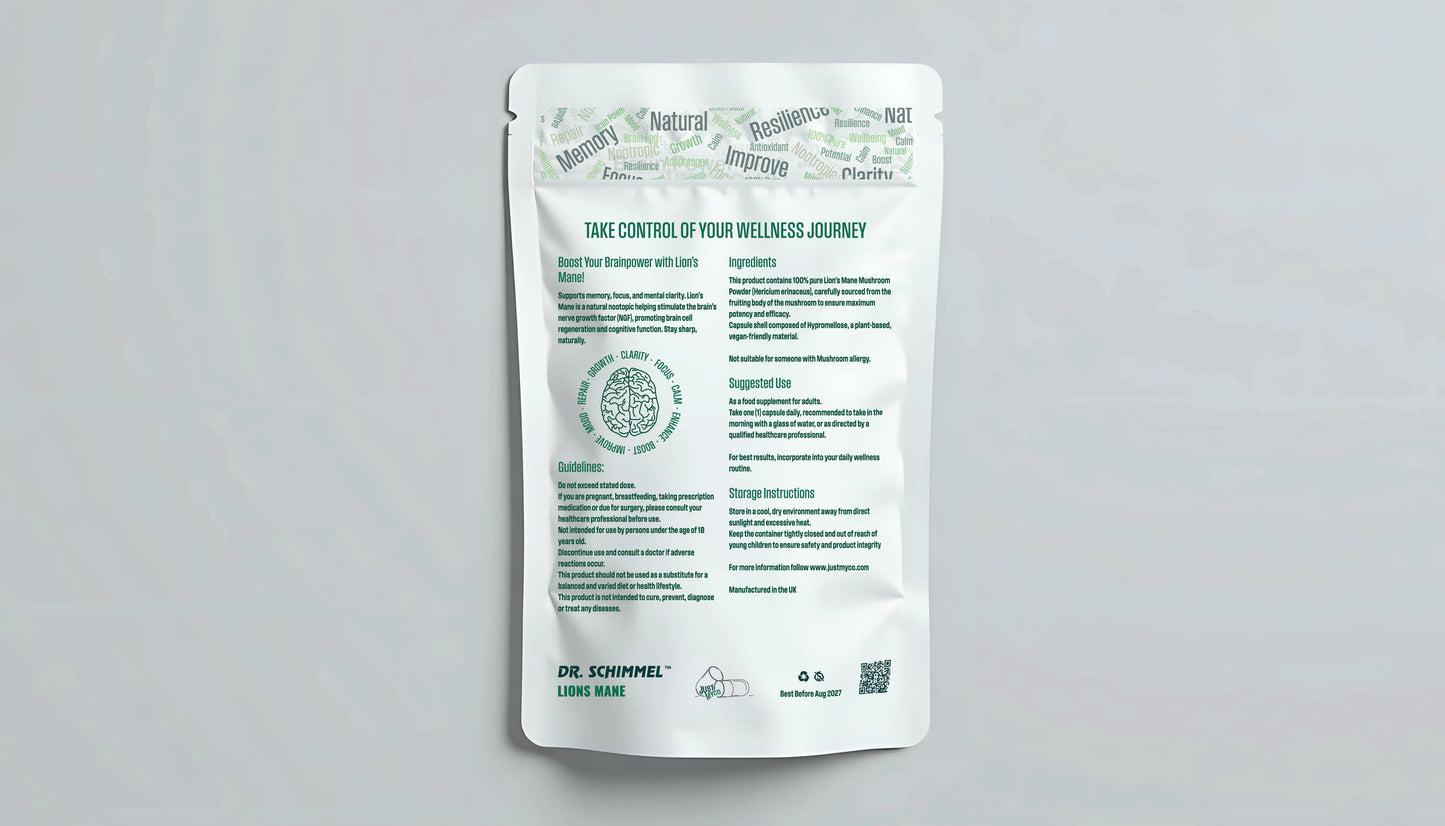 A white stand-up pouch package with green text and graphics, photographed flat against a light gray background. The package is the back of a supplement pouch, with branding 