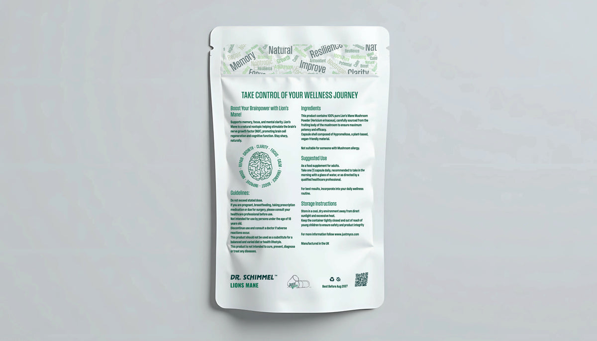A white stand-up pouch package with green text and graphics, photographed flat against a light gray background. The package is the back of a supplement pouch, with branding 