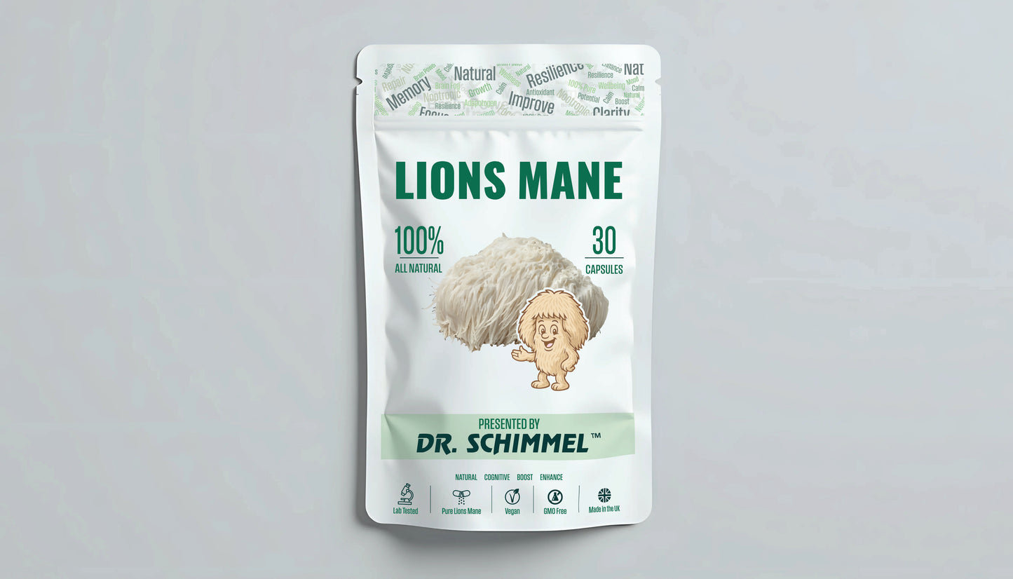 A white stand-up pouch of Dr. Schimmel Lions Mane capsules, featuring a cartoon lion graphic and green text, set against a light gray background.