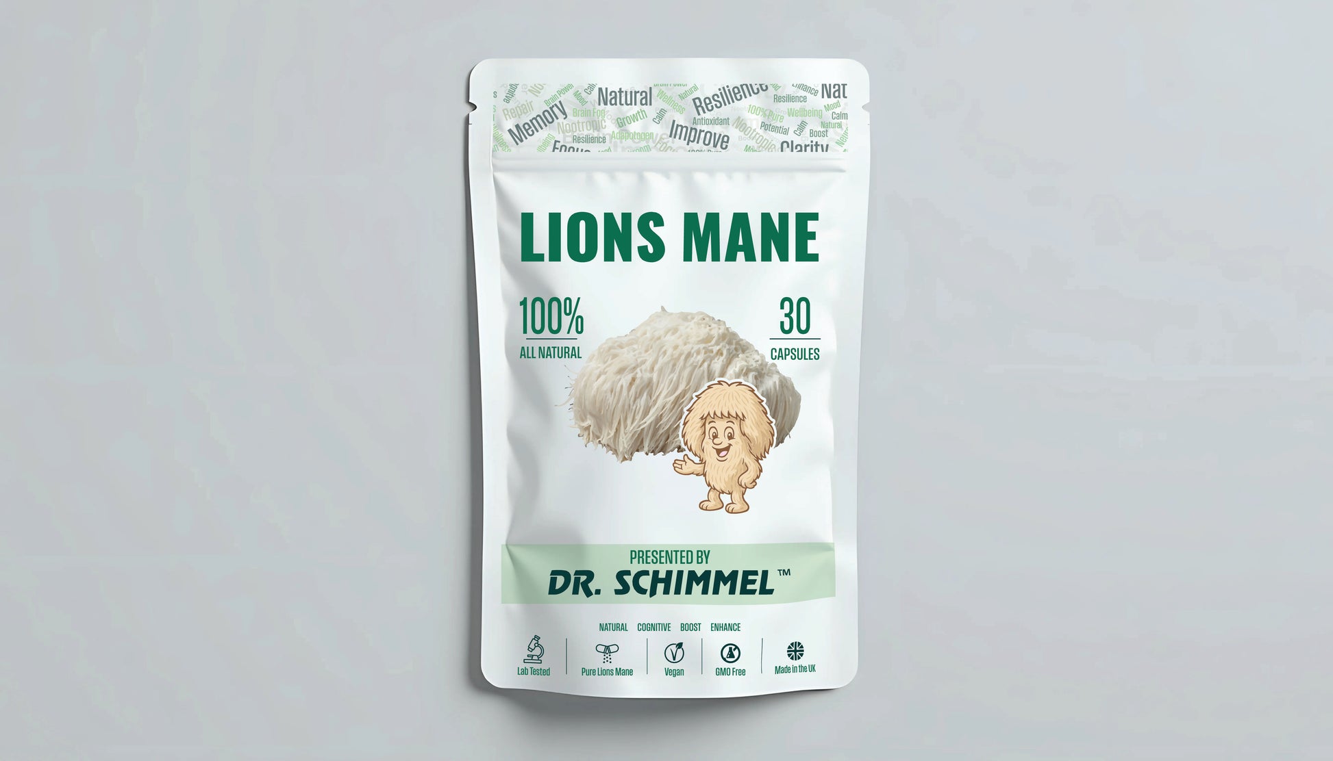 A white stand-up pouch of Dr. Schimmel Lions Mane capsules, featuring a cartoon lion graphic and green text, set against a light gray background.