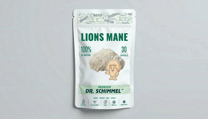 A white stand-up pouch of Dr. Schimmel Lions Mane capsules, featuring a cartoon lion graphic and green text, set against a light gray background.