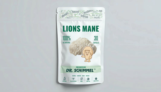 A white stand-up pouch of Dr. Schimmel Lions Mane capsules, featuring a cartoon lion graphic and green text, set against a light gray background.