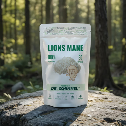 Packaging of Lions Mane mushroom capsules by Dr. Schimmel on a rock with a forest background